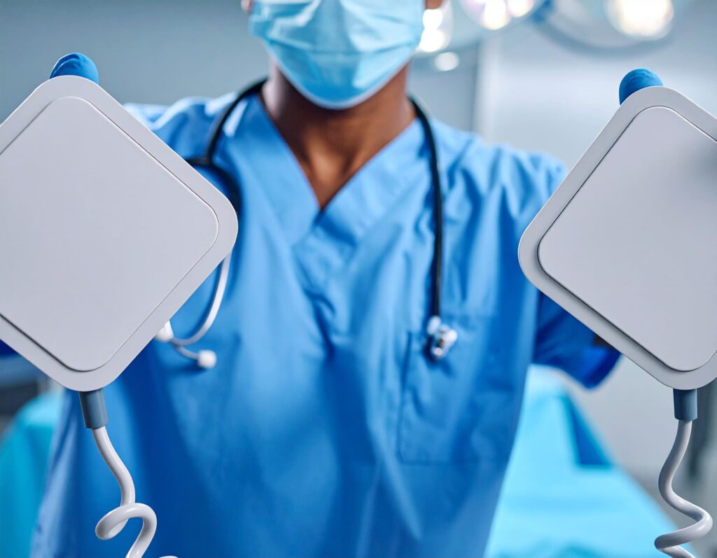 Médecin tenant un défibrillateur